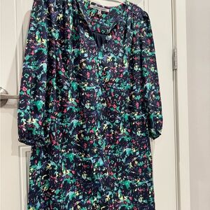 Collective Concepts Blue and Green Sheath Dress with Bishop Sleeves